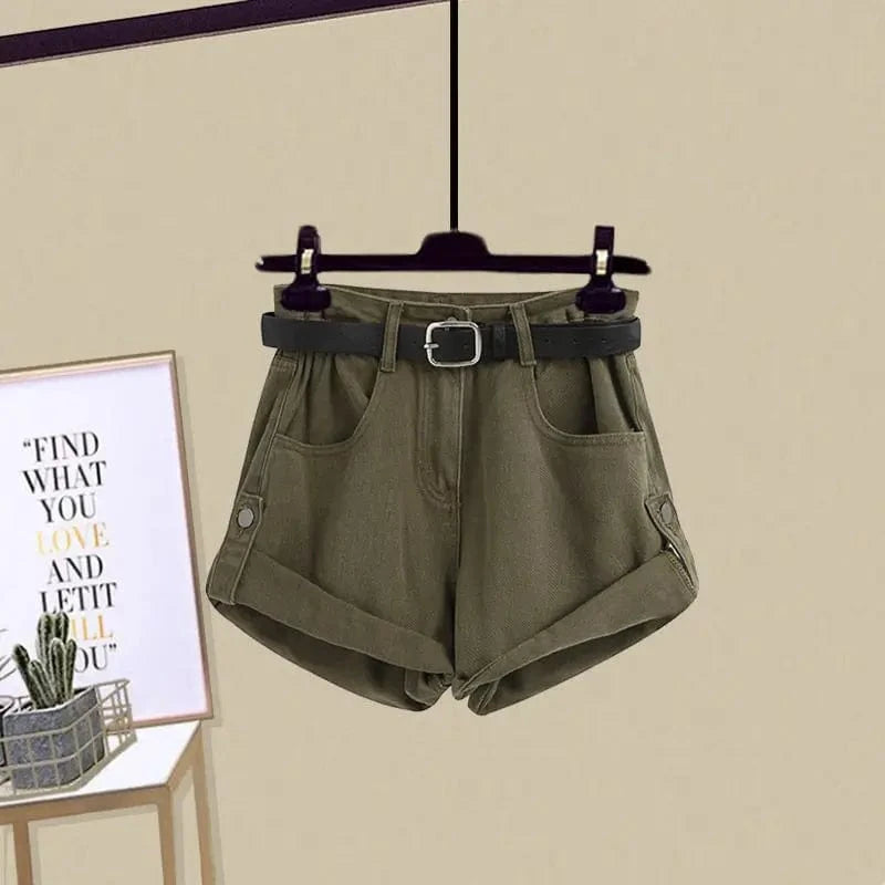 Green shorts / XXL 62.5-67.5KG Spring/Summer Fashion Women's Set 2023 New Korean Edition Age Reducing Sling Casual Shirt Shorts Three Piece Set