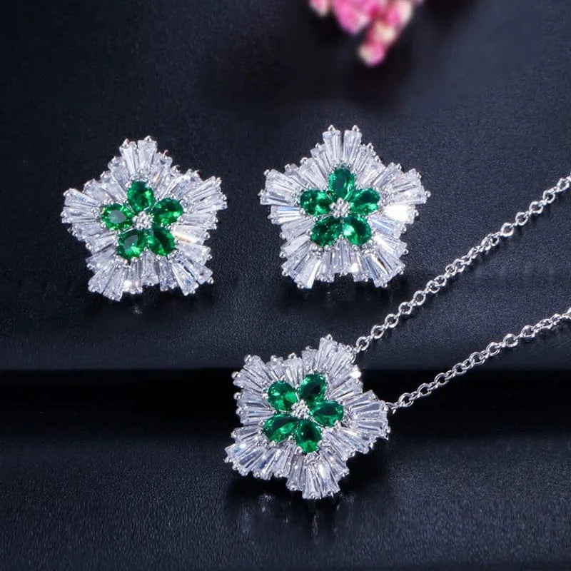 green-T0037-LVVV Ladies Fashion Jewelry 3a Cubic Zirconia Snow Flower Pendant Necklace and Stud Earrings Sets for Women Gift