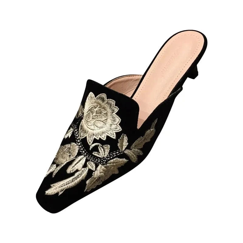 Green Velvet High Heels Slippers Women Floral Embroidery Mules Shallow Pointed Toe Heeled Fashion Loafers Outsides Woman Slides