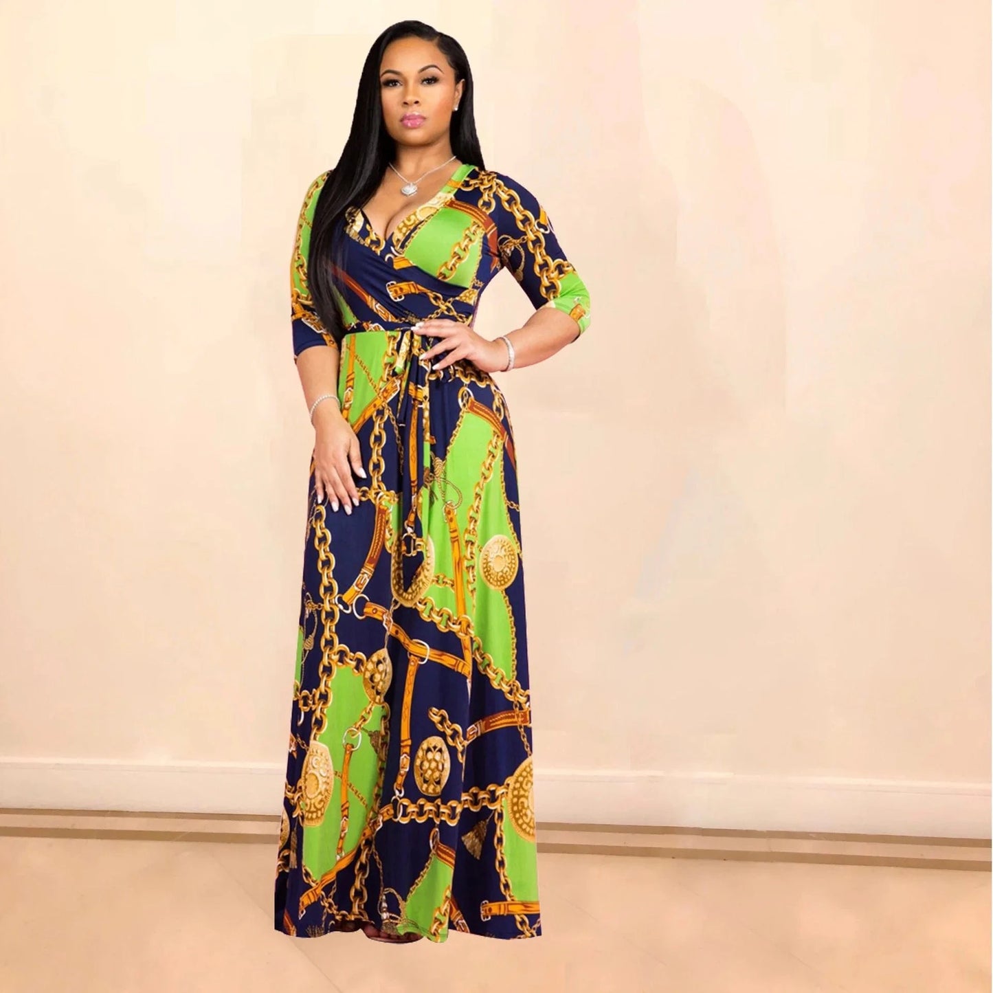 green / XL Women Sexy Bodycon Beach Bohemian Maxi Splicing Floral Print Dress for Women Casual Summer Sundress V-Neck 3/4 Sleeve