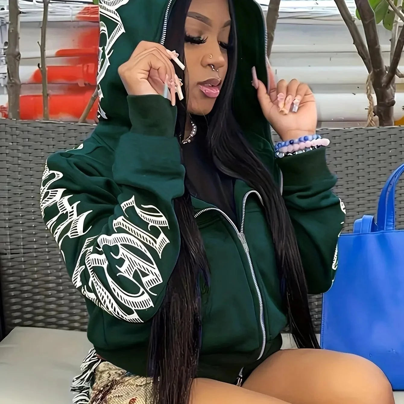 green / XS Letter Print Long Sleeve Zip Up Hoodies, Cyber Y2K Gothic Punk Sweatshirt, Women's Clothing