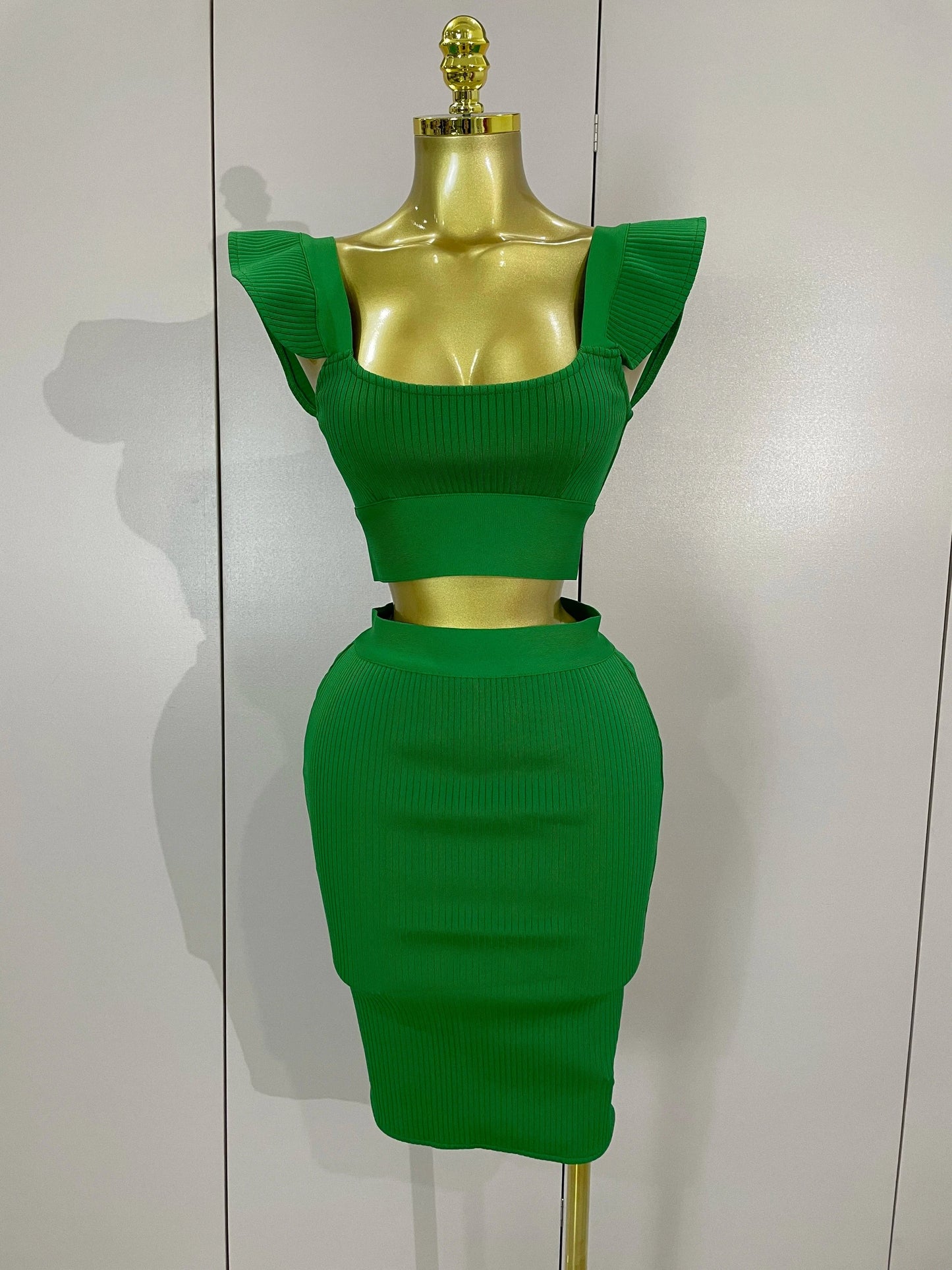 green / XS Women 2025 New Sexy Backless Ruffles Red Bandage Two Pices Set 2025 Celebrity Evening Elegance Birthday Party Dress