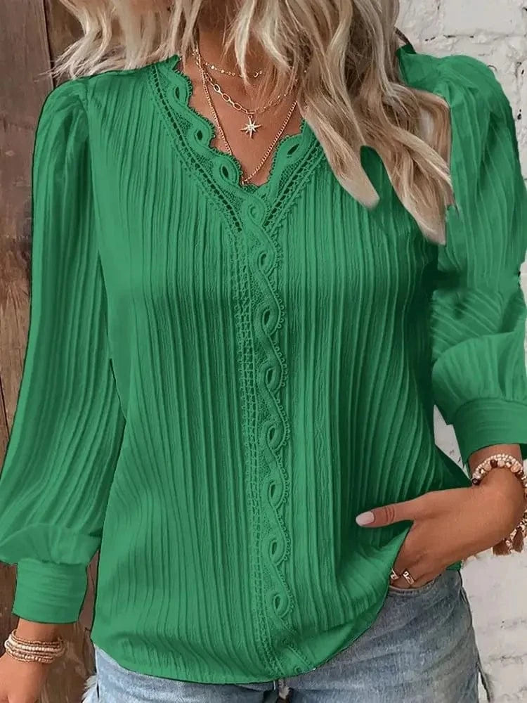green / XXL Elegant Summer Hollow Lace Patchwork Women Shirt Chic Blouse V Neck Long Sleeve Shirt Plain Lace Casual Basic Regular Tops