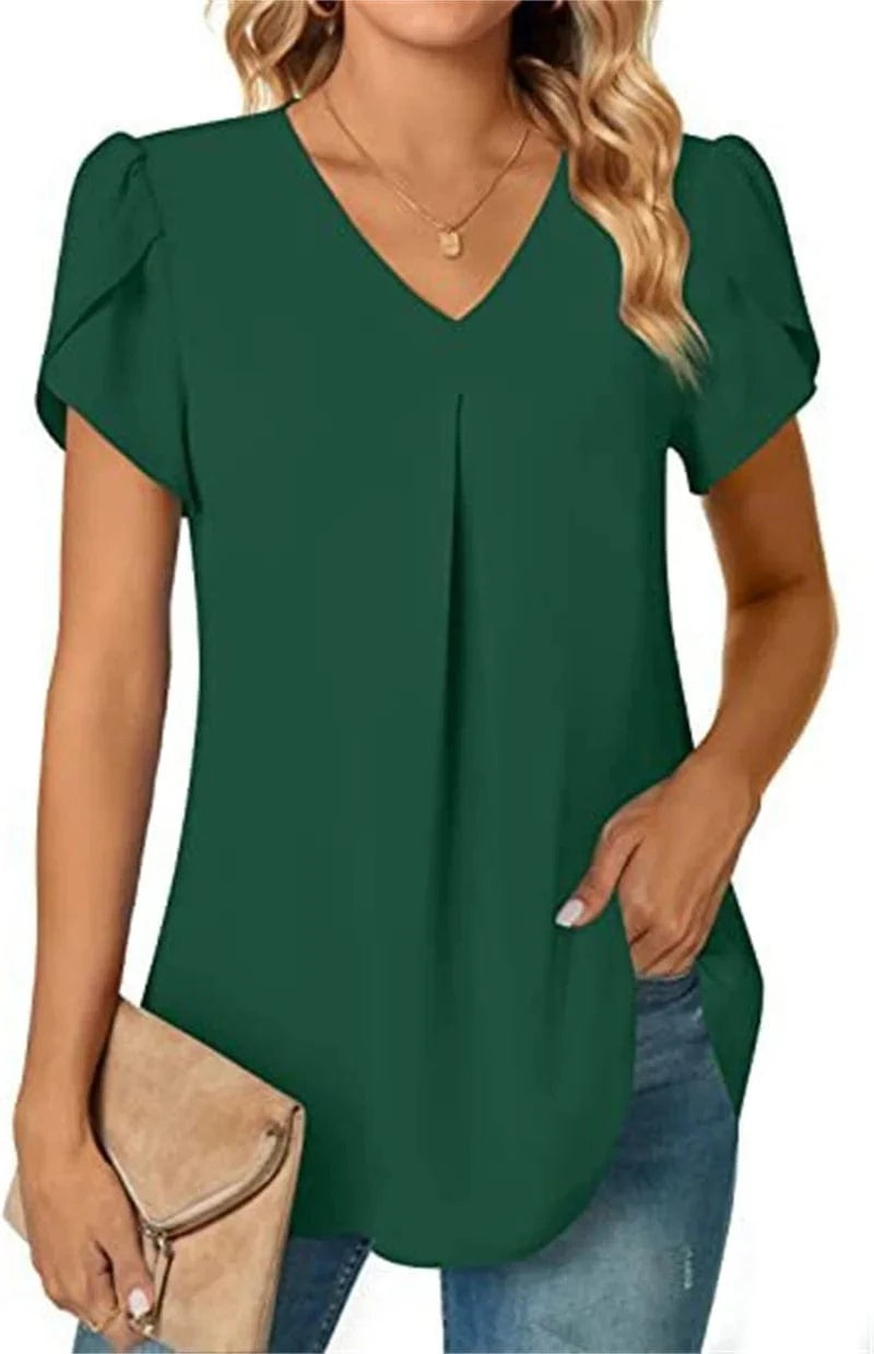 green / XXL Sexy V Neck Ruffle Short Sleeve Blouse Shirts Summer Women V Neck Solid Color Loose OL Workout Blouse Tops