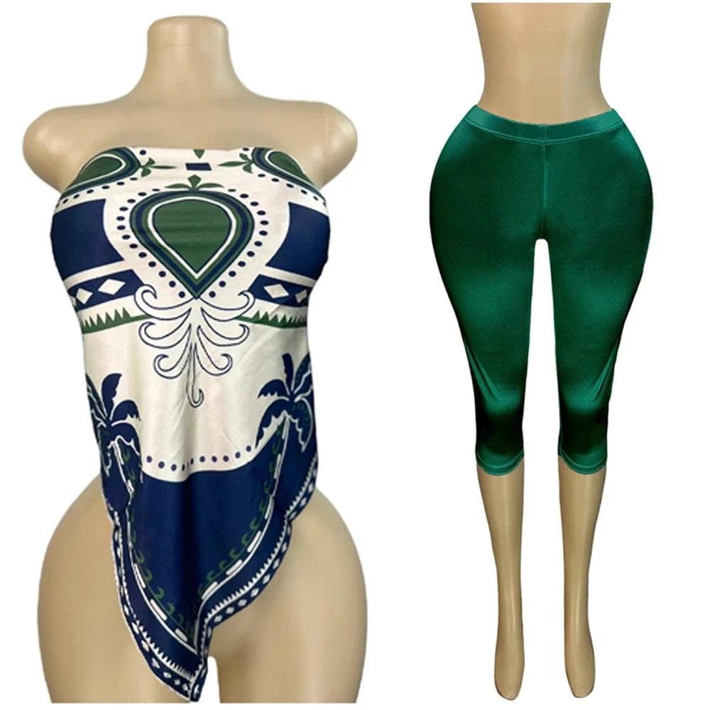 Green1 / S 2025 Summer 2 Piece Set Woman Outfits Backless Print Scarf Tops and Shorts Suits Streetwear Sexy Club Two Piece Matching Sets