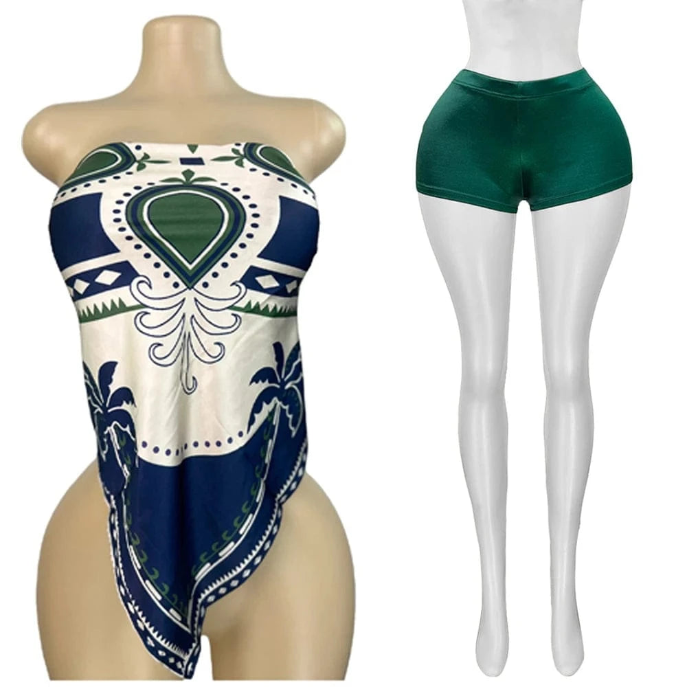 Green2 / S 2025 Summer 2 Piece Set Woman Outfits Backless Print Scarf Tops and Shorts Suits Streetwear Sexy Club Two Piece Matching Sets