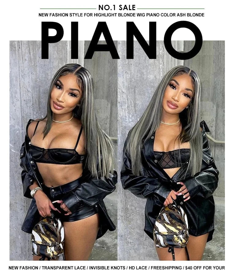 Grey Black with blonde Highlight piano wig 13x6 Colored virgin human hair Full Lace Frontal Wig black grey straight hair wig