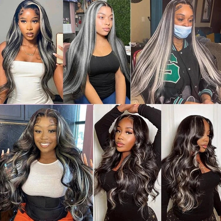 Grey Black with blonde Highlight piano wig 13x6 Colored virgin human hair Full Lace Frontal Wig black grey straight hair wig