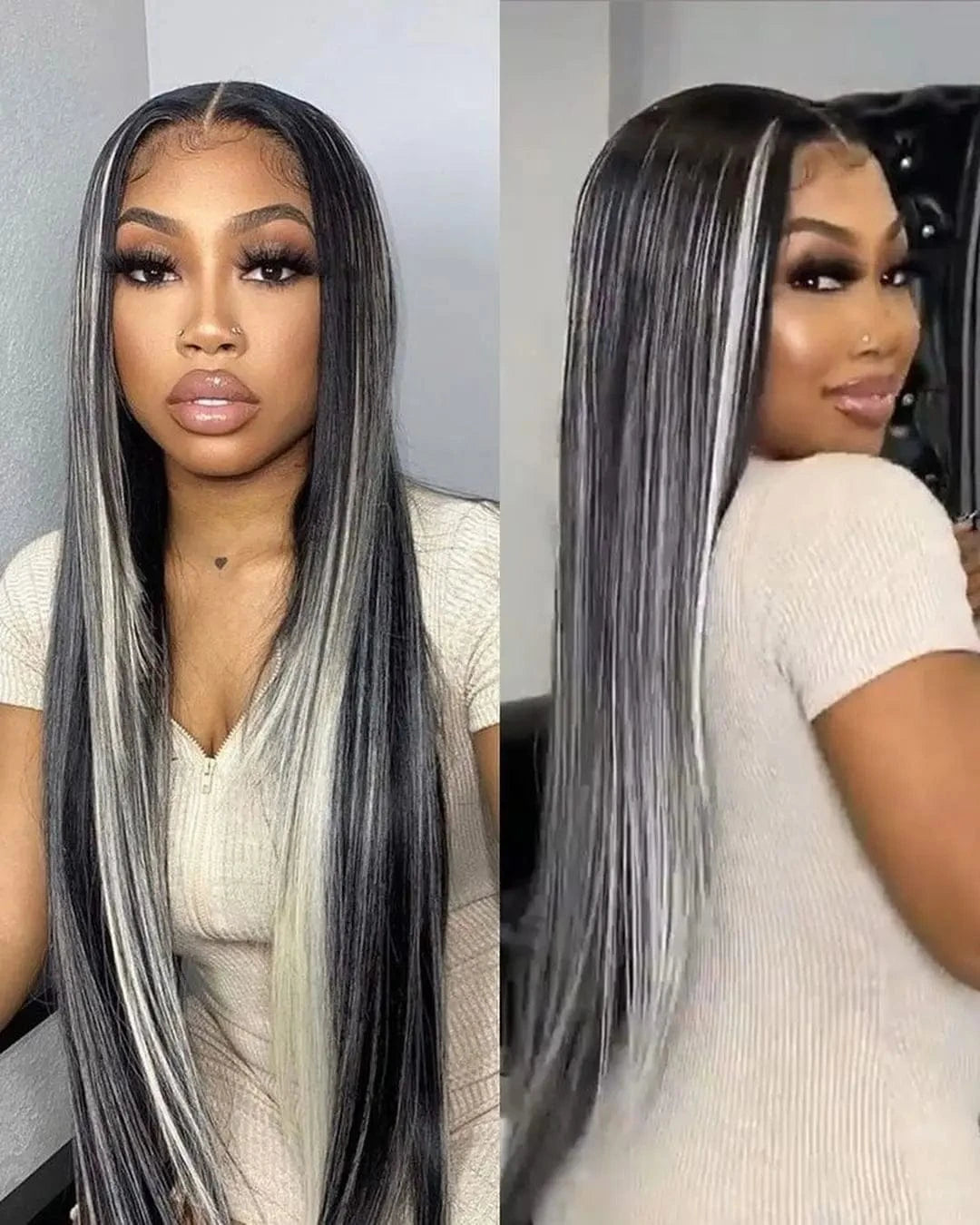Grey Black with blonde Highlight piano wig 13x6 Colored virgin human hair Full Lace Frontal Wig black grey straight hair wig