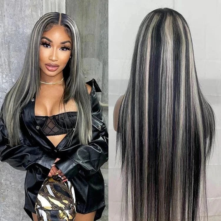 Grey Black with blonde Highlight piano wig 13x6 Colored virgin human hair Full Lace Frontal Wig black grey straight hair wig