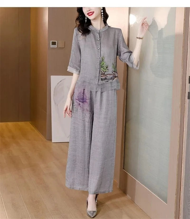 Grey Summer Art Embroidery Chinese Style Set Linen Western Style Summer Wide Leg Pants Casual Fashion Two piece Cotton Set XXXL