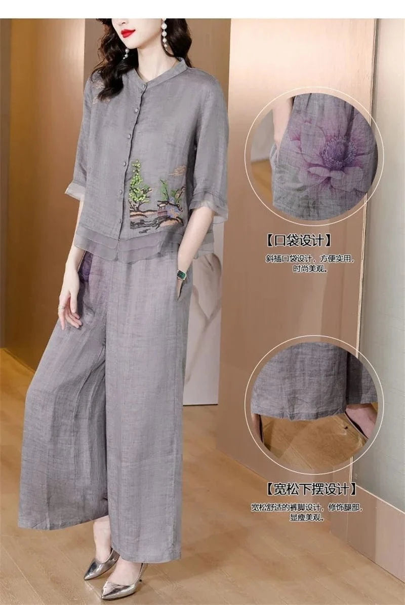 Grey Summer Art Embroidery Chinese Style Set Linen Western Style Summer Wide Leg Pants Casual Fashion Two piece Cotton Set XXXL