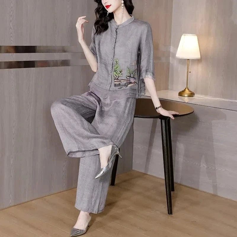 Grey Summer Art Embroidery Chinese Style Set Linen Western Style Summer Wide Leg Pants Casual Fashion Two piece Cotton Set XXXL
