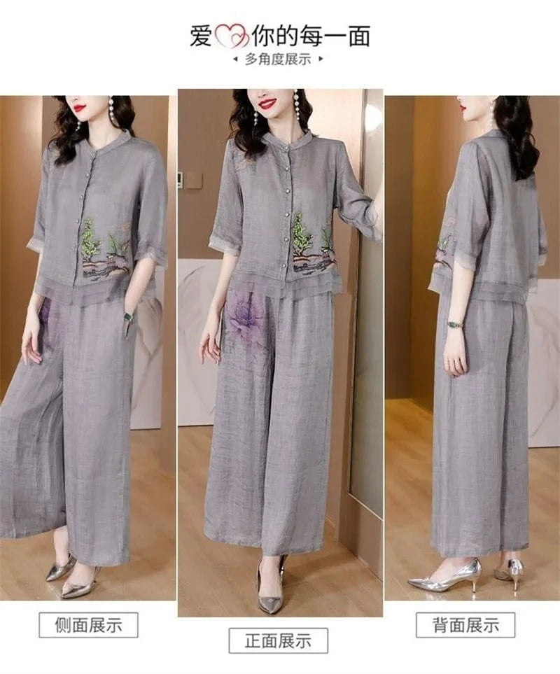 Grey Summer Art Embroidery Chinese Style Set Linen Western Style Summer Wide Leg Pants Casual Fashion Two piece Cotton Set XXXL