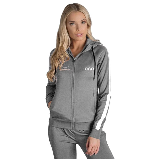 Grey Womens Sweat Suit Hoodie High Quality Blank Jogger 2 Piece Set Top Logo Custom Women Sweatsuit Set