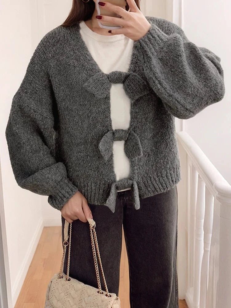 Grey / XL Women's Solid Color Bow Cardigan 2025 Autumn Winter Collection Casual Warm Office Wear Home Comfort Fashion Best Choice