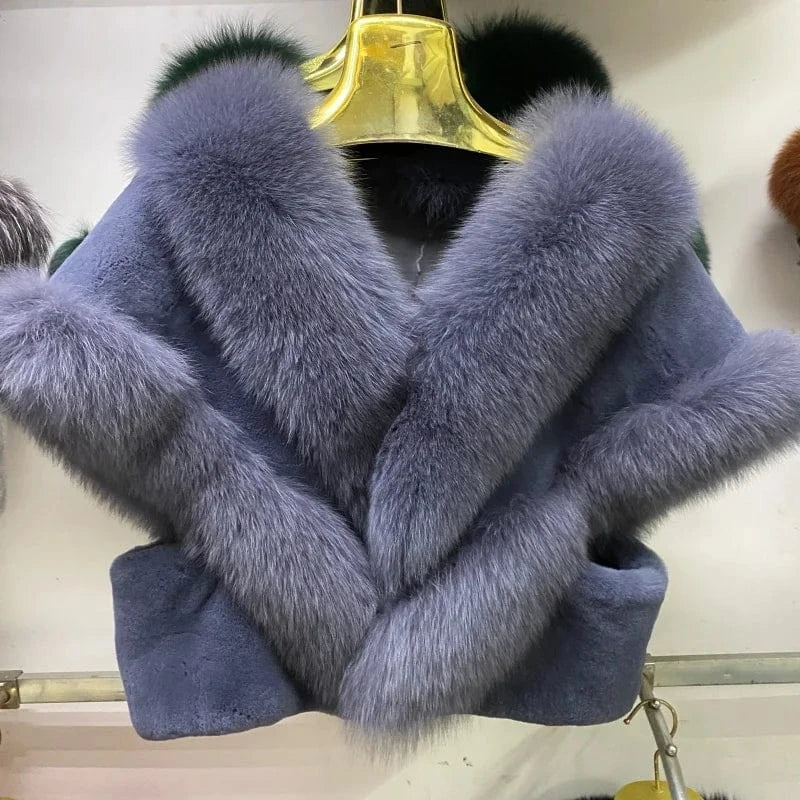 Greyish blue MWfur Fur Coat Short Women Fashion Luxury Fox Fur Trimmed Rex Rabbit Cape for Women