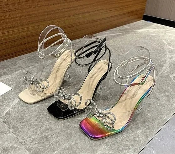 GX01A77 Wholesale Elegant Rhinestone Bow Tie Party High Heel Sandals For Women Fashion Open Toe Heels Shoes
