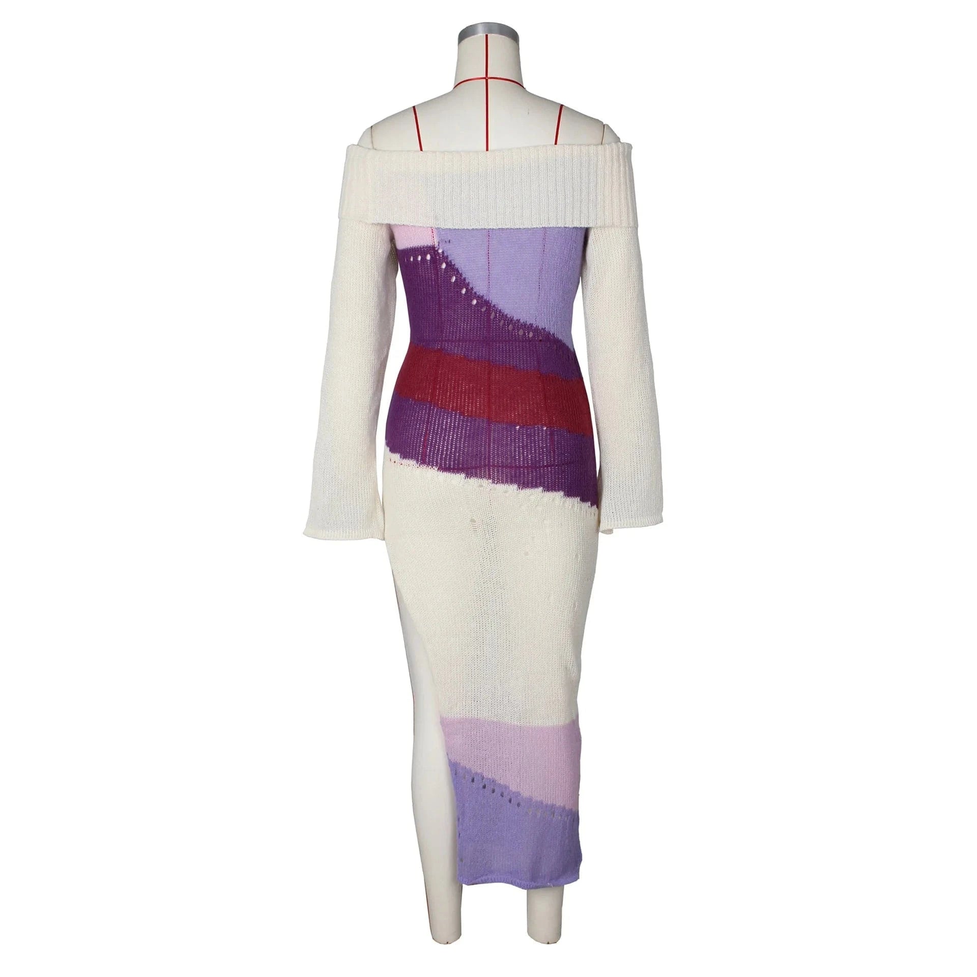 GX0301 Fashion 2024 Spring Women Color Patchwork Long Sleeve Dress Sexy Off Shoulder See Through Split Maxi Dresses