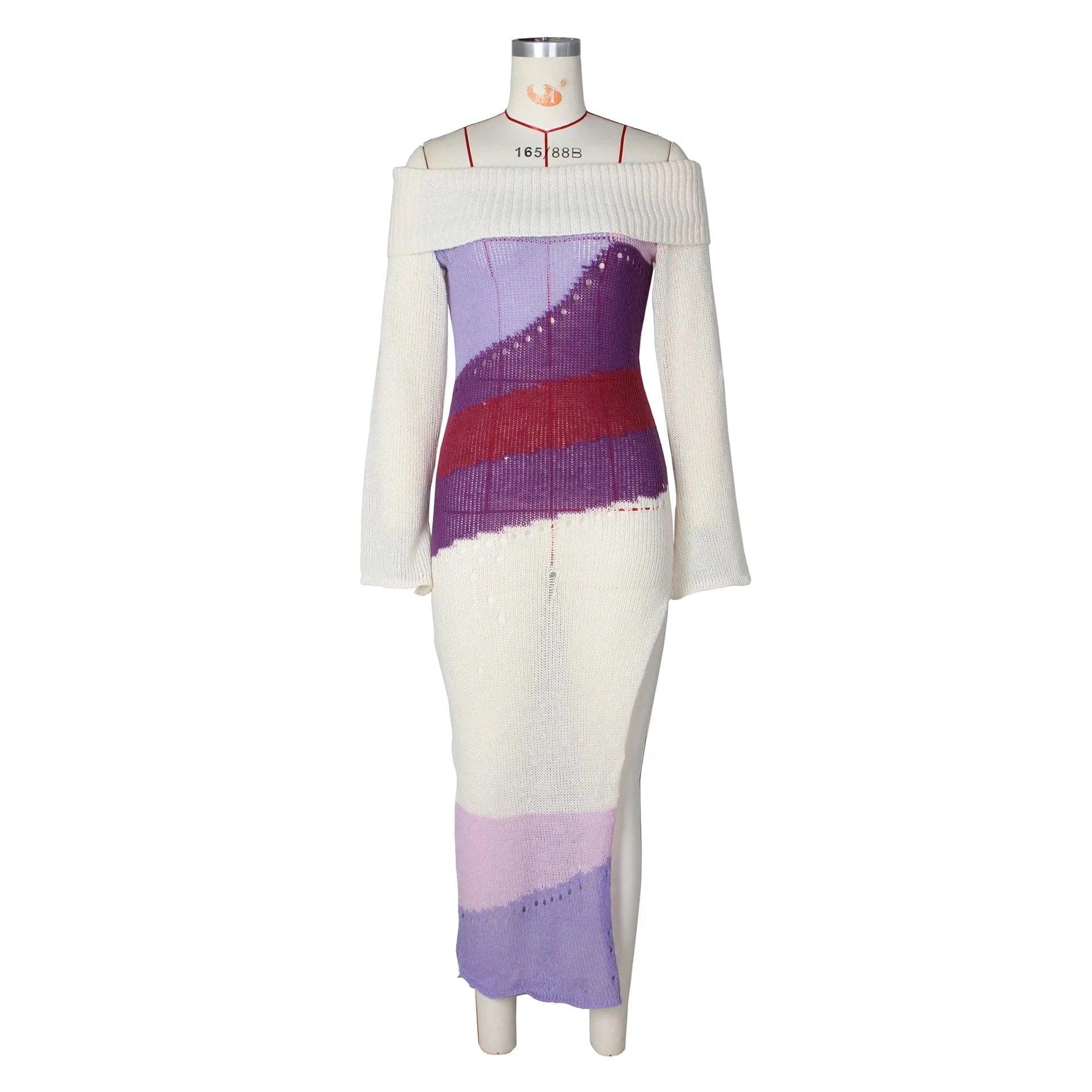 GX0301 Fashion 2024 Spring Women Color Patchwork Long Sleeve Dress Sexy Off Shoulder See Through Split Maxi Dresses