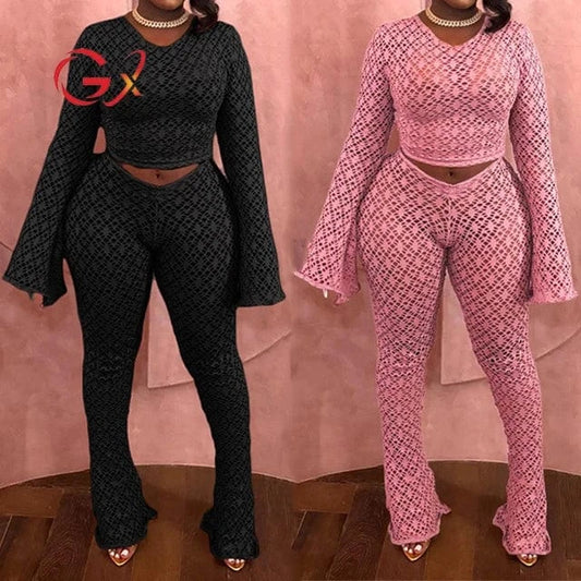 GX0939 Spring 2024 Women Clothing Vendor Lady Sexy Night Club Wear Hollow See Through Cropped Top and Flare Pant 2 Piece Set