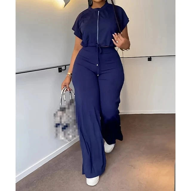 GX10163 New Fashion Ladies Street Wear Short Sleeve Drawstring Cropped Top and Pant 2 Piece Set Women Clothing