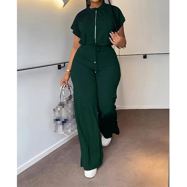 GX10163 New Fashion Ladies Street Wear Short Sleeve Drawstring Cropped Top and Pant 2 Piece Set Women Clothing