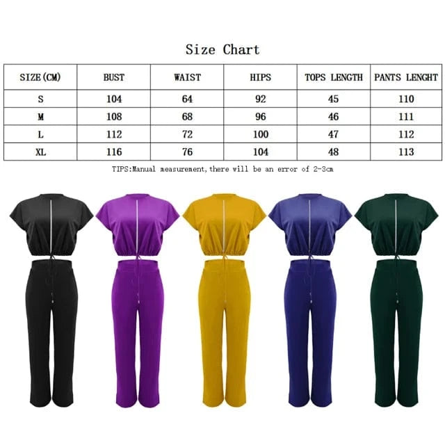 GX10163 New Fashion Ladies Street Wear Short Sleeve Drawstring Cropped Top and Pant 2 Piece Set Women Clothing