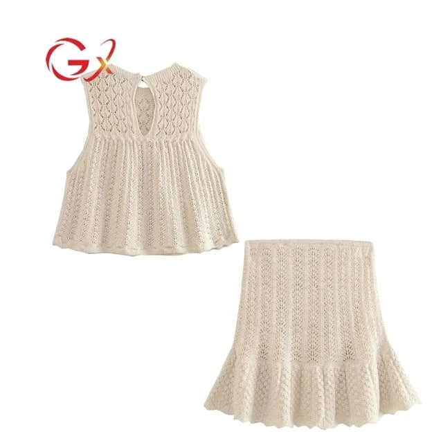 GX1083 Fashion Summer 2024 Clothing Boutique Women Street Wear Sleeveless Knitted Top And A-line Mini Skirt 2 Piece Set