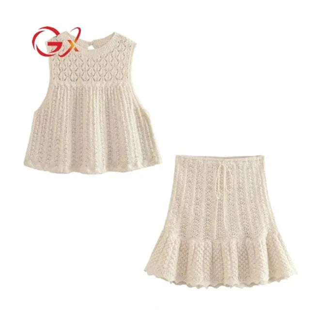 GX1083 Fashion Summer 2024 Clothing Boutique Women Street Wear Sleeveless Knitted Top And A-line Mini Skirt 2 Piece Set