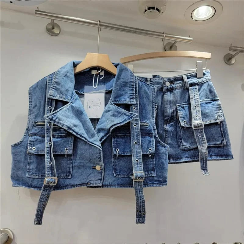 GX12028 Fashion 2024 women street wear summer clothes boutique sleeveless cargo pocket denim top and mini skirt 2 piece set