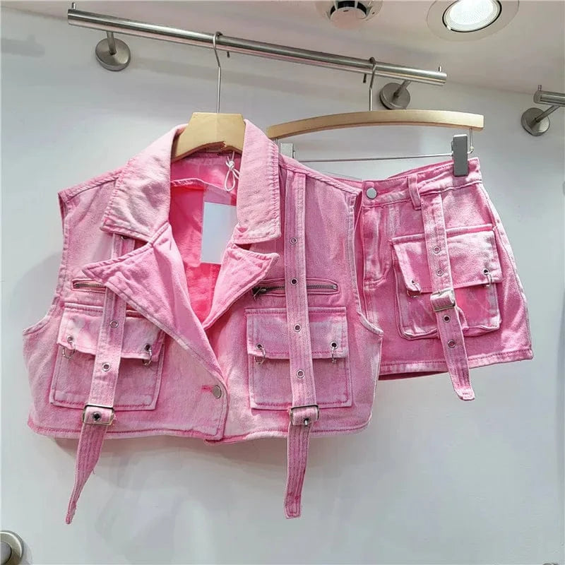 GX12028 Fashion 2024 women street wear summer clothes boutique sleeveless cargo pocket denim top and mini skirt 2 piece set