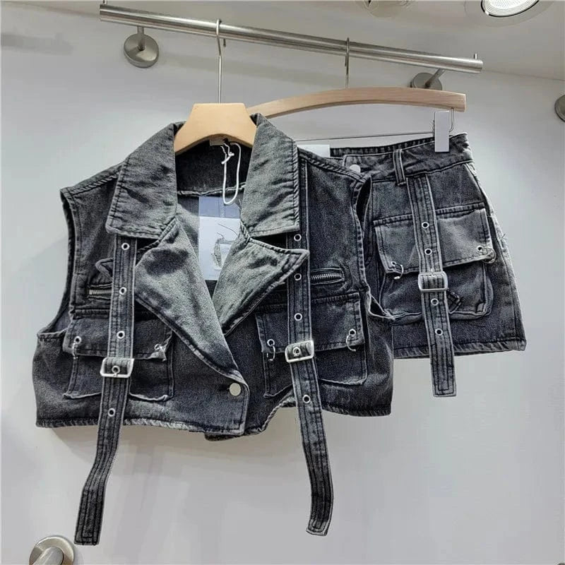 GX12028 Fashion 2024 women street wear summer clothes boutique sleeveless cargo pocket denim top and mini skirt 2 piece set