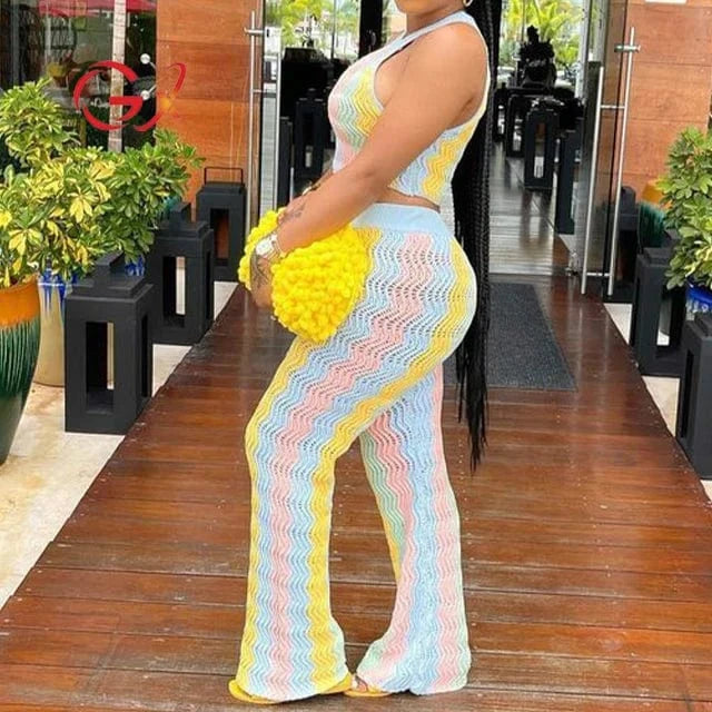 GX1297 summer 2024 fashion women clothing see through knitted wear sexy rainbow sleeveless cropped top and pant 2 piece set
