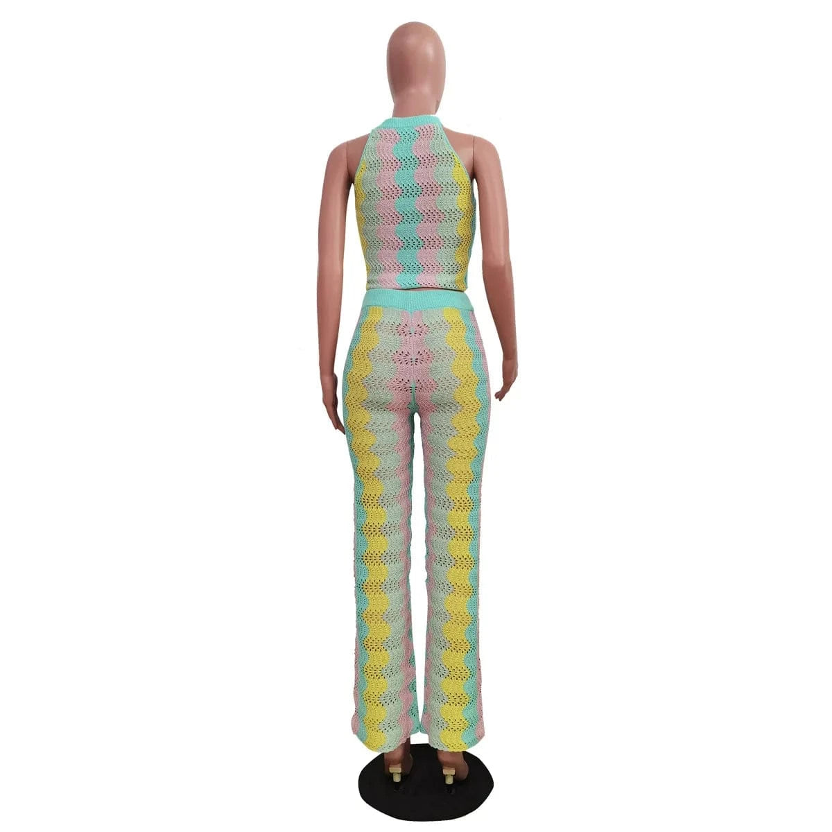 GX1297 summer 2024 fashion women clothing see through knitted wear sexy rainbow sleeveless cropped top and pant 2 piece set