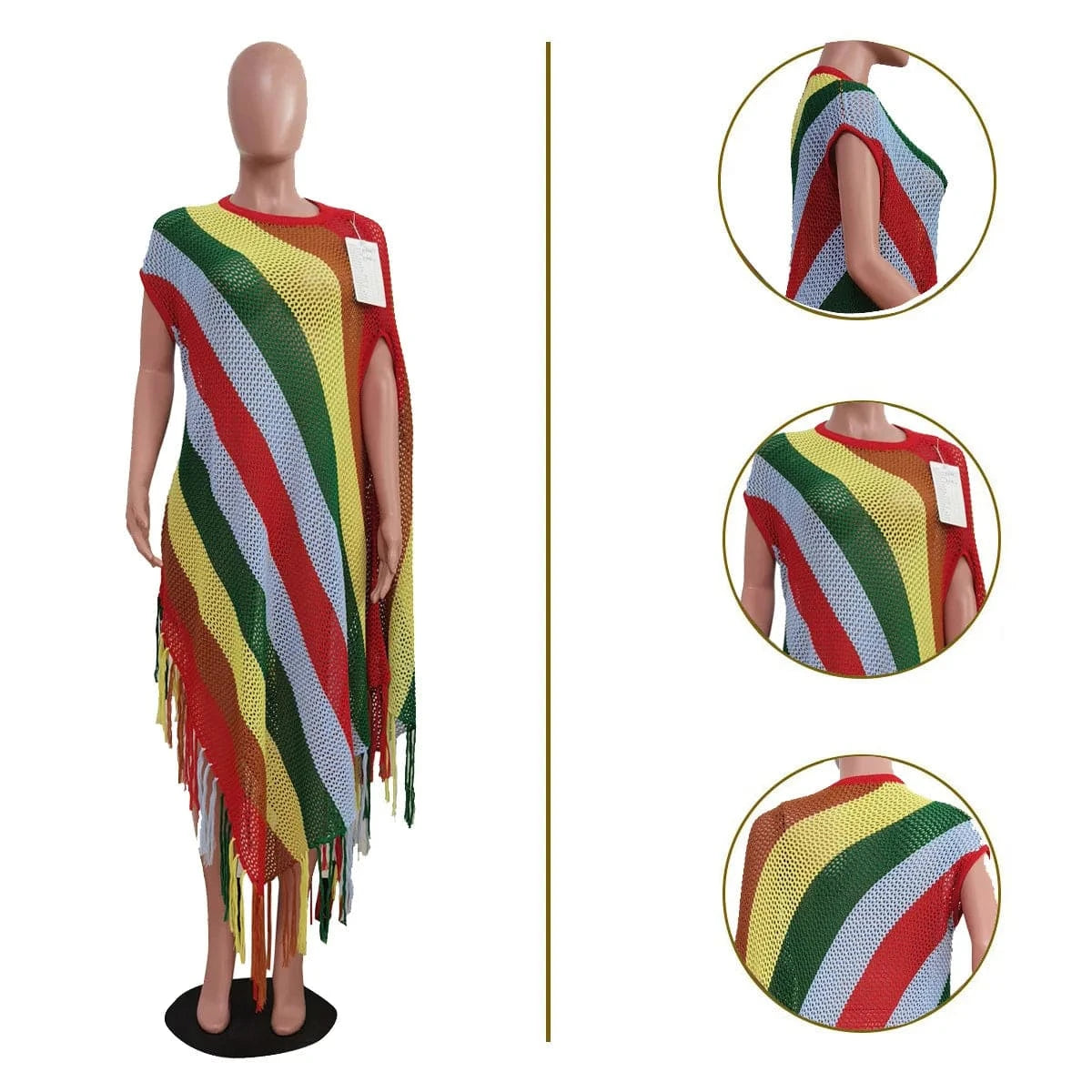 GX1298 Fashion 2024 Summer O-Neck Sexy Knitted Rainbow Design Long Dresses Irregular See Through Tassel Dress