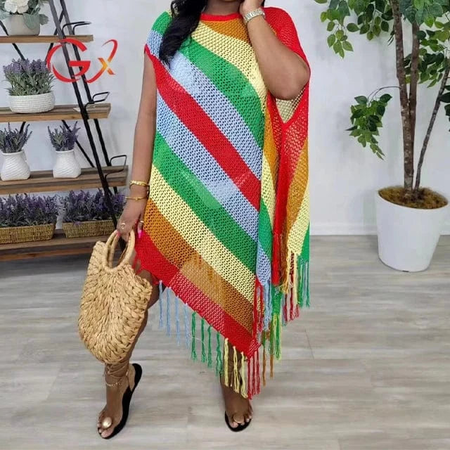 GX1298 Fashion 2024 Summer O-Neck Sexy Knitted Rainbow Design Long Dresses Irregular See Through Tassel Dress