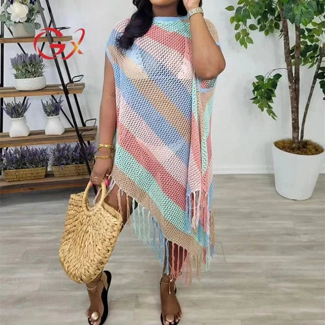 GX1298 Fashion 2024 Summer O-Neck Sexy Knitted Rainbow Design Long Dresses Irregular See Through Tassel Dress