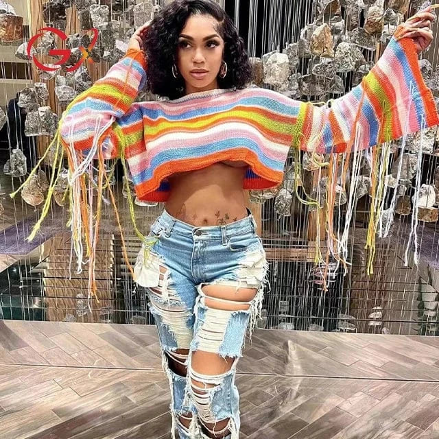 GX21078 New Women Knitted Blouse Long Sleeve Tops Sweater Autumn Winter Women Casual Cropped Tassel Color Patchwork Sweater