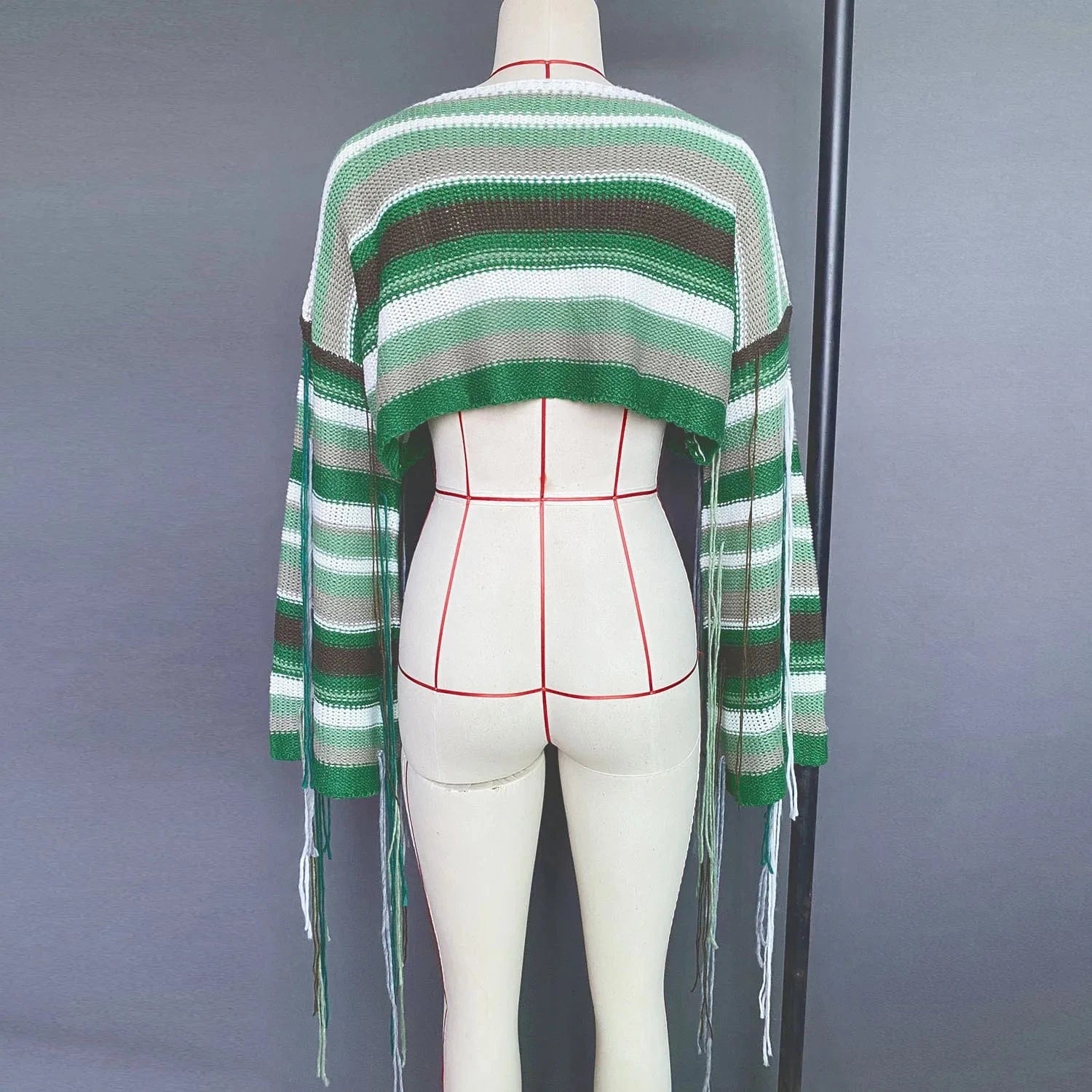 GX21078 New Women Knitted Blouse Long Sleeve Tops Sweater Autumn Winter Women Casual Cropped Tassel Color Patchwork Sweater