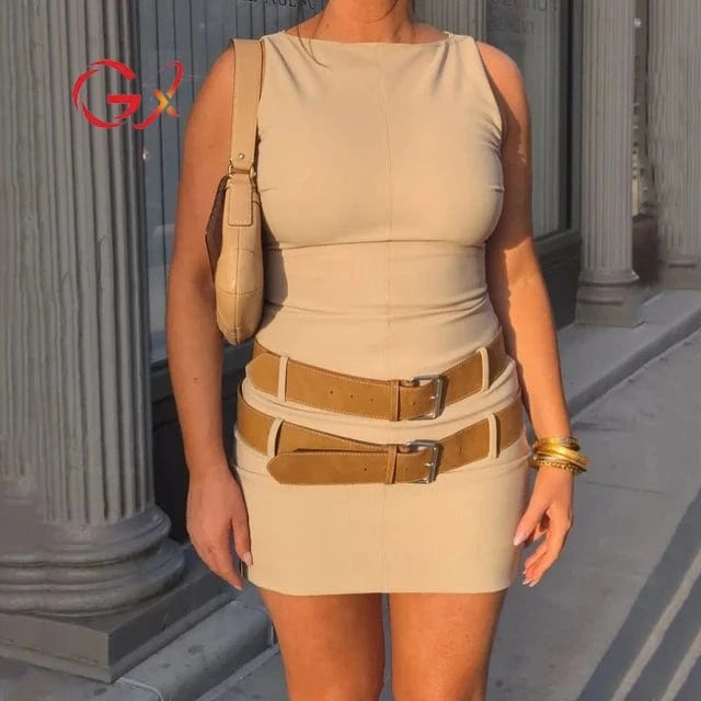 GX2310 Fashion 2024 Sleeveless Belt Patchwork Mini Dress Women Summer Clothing Boutique Unique Elegant Dresses
