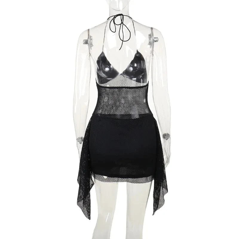 GX24047 New 2024 Summer Elegant Boutique Halter Sleeveless Mini Dress Mesh Patchwork Pin Cut Out Women's Party Nightclub Dresses