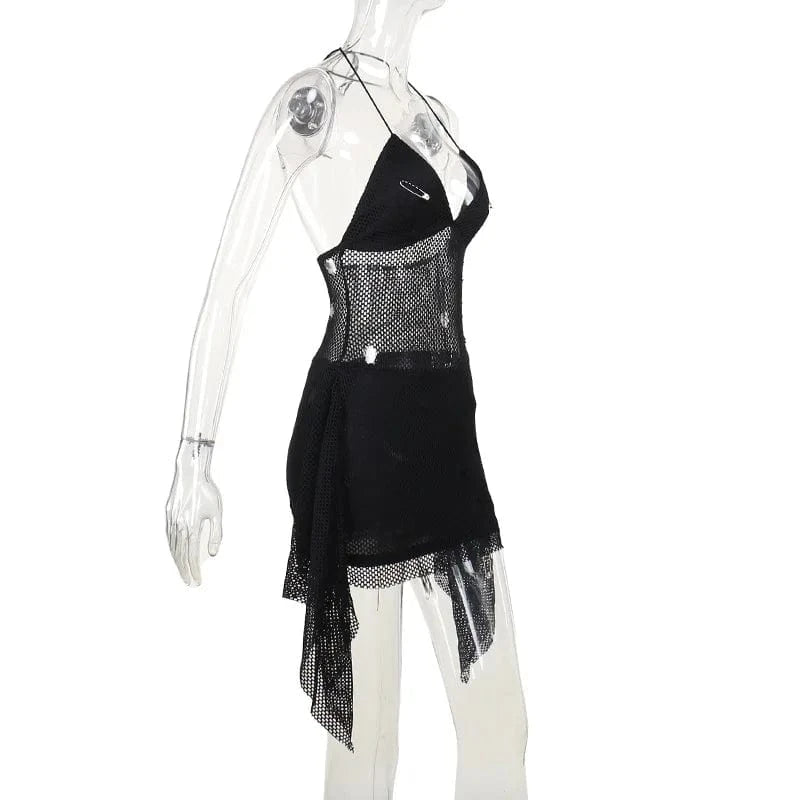 GX24047 New 2024 Summer Elegant Boutique Halter Sleeveless Mini Dress Mesh Patchwork Pin Cut Out Women's Party Nightclub Dresses