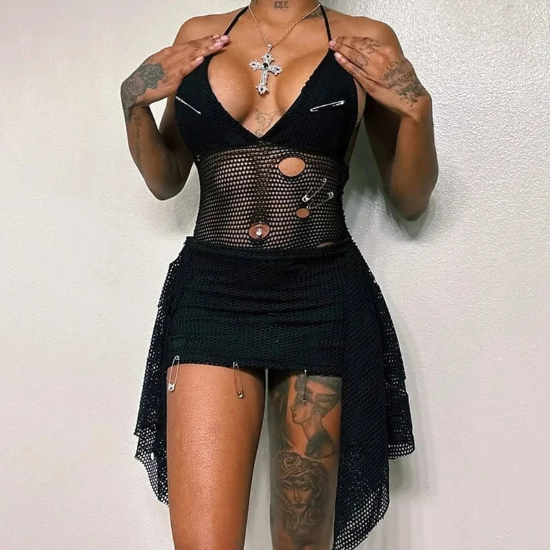 GX24047 New 2024 Summer Elegant Boutique Halter Sleeveless Mini Dress Mesh Patchwork Pin Cut Out Women's Party Nightclub Dresses