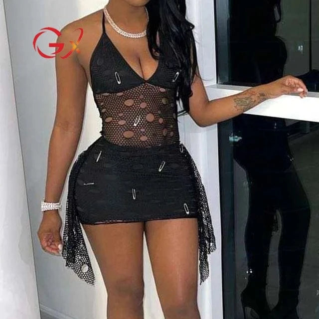 GX24047 New 2024 Summer Elegant Boutique Halter Sleeveless Mini Dress Mesh Patchwork Pin Cut Out Women's Party Nightclub Dresses