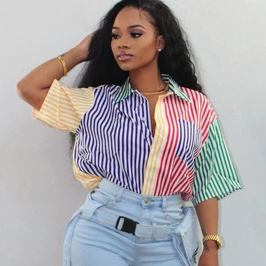 GX3150 Fashion Summer Clothing Women Vendor Lapel Short Sleeve Striped Color Patchwork Elegant Tops Sexy Blouses & Shirt