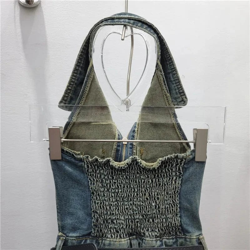 GX3619 Fashion 2024 Summer Sleeveless Jeans One Piece Backless Casual Polo Halter Single Breasted Denim Romper Jumpsuit Women