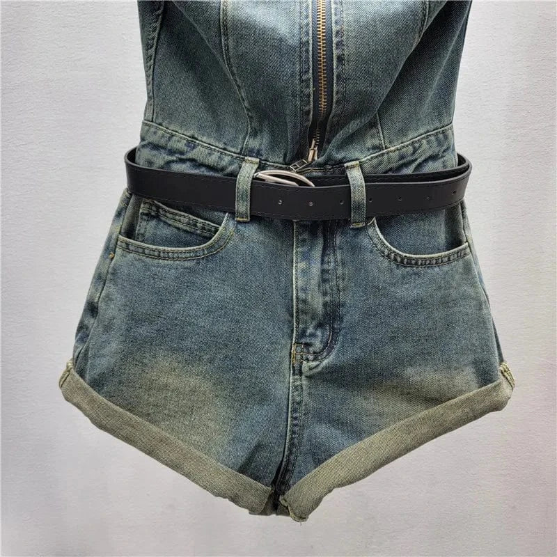 GX3619 Fashion 2024 Summer Sleeveless Jeans One Piece Backless Casual Polo Halter Single Breasted Denim Romper Jumpsuit Women