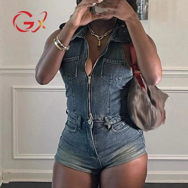 GX3619 Fashion 2024 Summer Sleeveless Jeans One Piece Backless Casual Polo Halter Single Breasted Denim Romper Jumpsuit Women