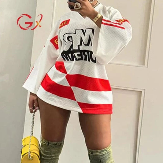 GX5079 Fashion 2024 Street Wear Clothing Boutique Long Flare Sleeve Letter Print Tops Ladies V-neck Sport Sweatshirt Women